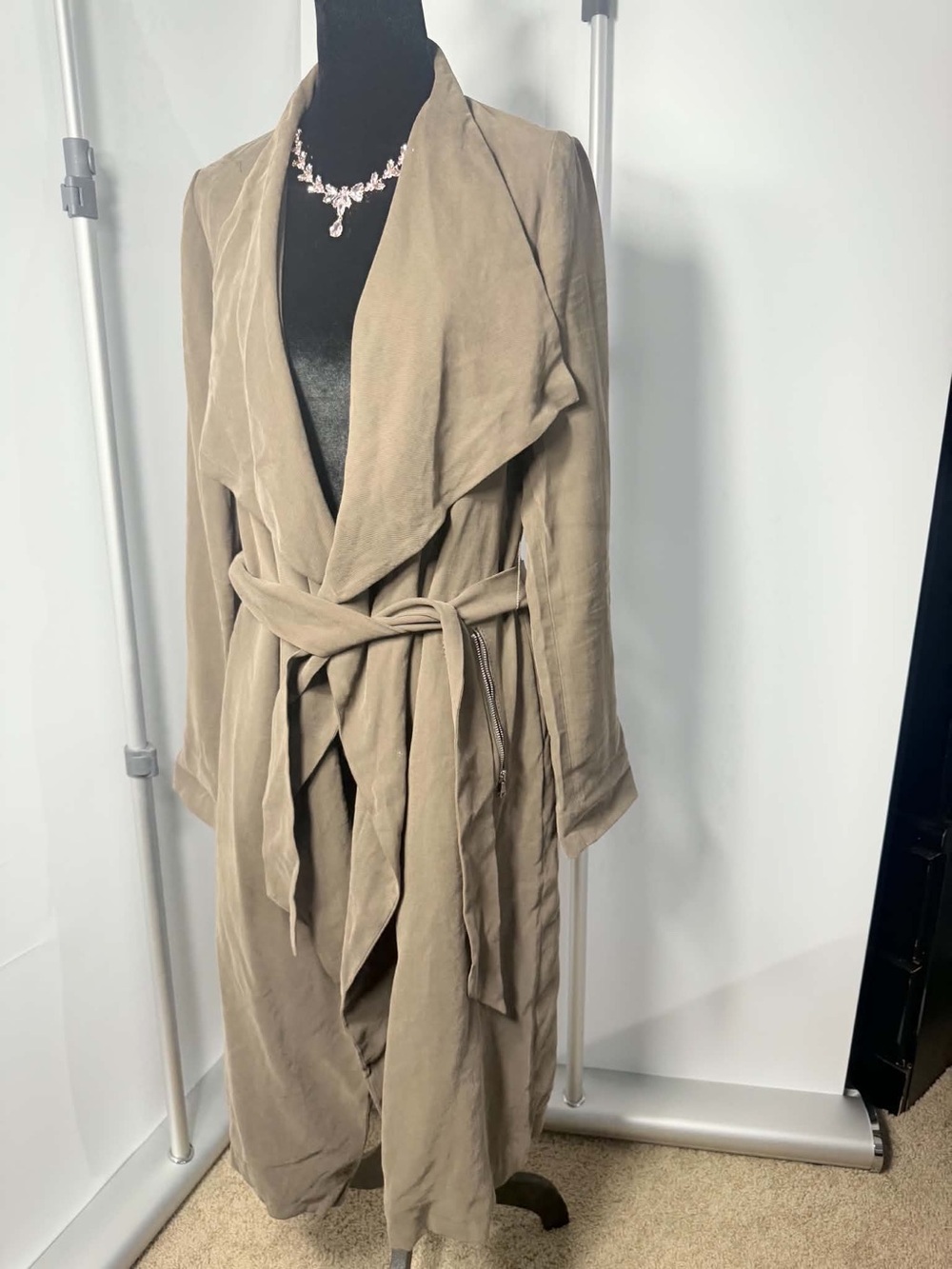 #255 Express XS Petite Taupe Draped Trench Coat Belted Jacket